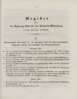 Register über das Regierungs-Blatt für das Königreich Württemberg vom Jahr 1862