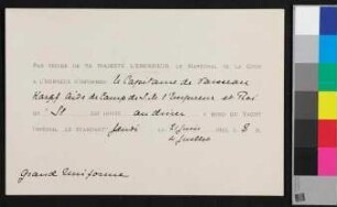 Einladung, Abendessen an Bord der Yacht Imperial "Le Standart" am 21.06.1912