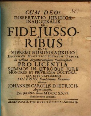 Diss. iur. inaug. de fide iussoribus