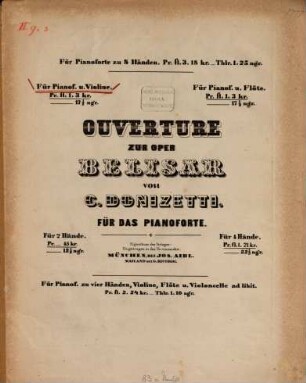 Ouverture : zur Oper Belisar ; für Pianoforte & Violine