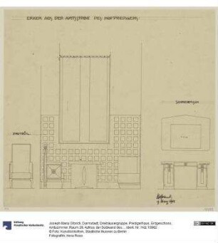 Darmstadt, Dreihäusergruppe, Predigerhaus, Erdgeschoss, Amtszimmer, Raum 28, Aufriss der Südwand des Erkers, Aufriss des Sessels sowie Aufriss und Grundriss des Schreibtisches