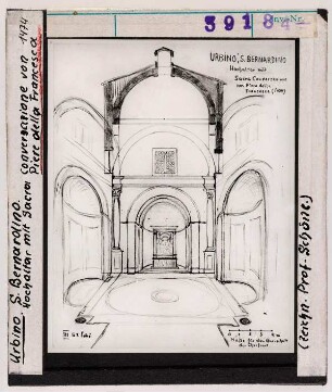 Piero dei Franceschi (Piero della Francesca): Urbino, San Bernardino, Hochaltar. Zeichnung Wolfgang Schöne 1953