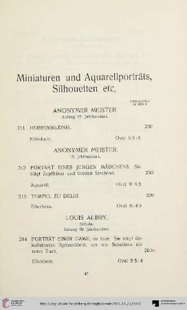 Miniaturen und Aquarellporträts, Silhouetten etc. (Nr. 211-265)