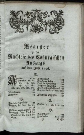 Register zu der Nachlese des Coburgischen Auszugs auf das Jahr 1756.