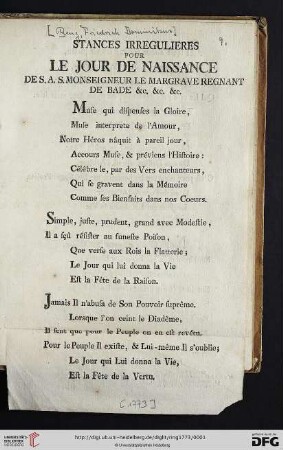 Stances Irrégulières Pour Le Jour De Naissance De S.A.S. Monseigneur Le Margrave Regnant De Bade ...