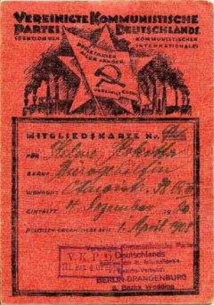 Mitgliedskarte der Vereinigten Kommunistischen Partei Deutschlands (VKPD) - Personenkonvolut
