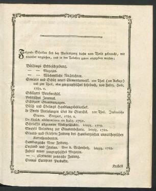 Folgende Schriften sind bey Verfertigung dieses 2ten Theils gebraucht [...]