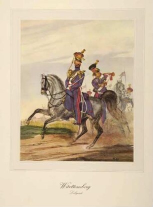 Offizier und Trompeter der Württ. Leibgarde, jeweils n Uniform mit Mütze, zu Pferd