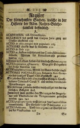 Register, Der fürnehmsten Sachen, welche in der Historie der Röm. Rechts-Gelehrsamkeit befindlich.