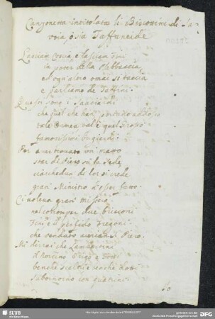 [Text 31:] Canzonetta intitolata Li Biscottini di Savoia, o sia Taffaneide