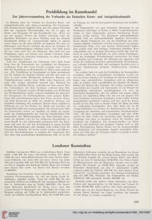 Preisbildung im Kunsthandel / Londoner Kunstschau / Kunstauktionen / Kunstausstellungen / Lesser Ury-Ausstellung der Nationalgalerie / Museum der Stadt Ulm / Aus der Kunstwelt
