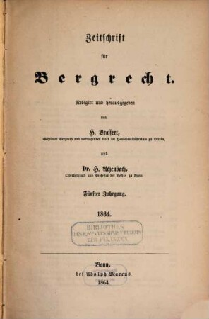 Zeitschrift für Bergrecht : ZfB, 5. 1864