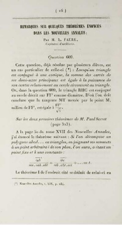 Remarques sur quelques théorèmes énoncés dans les nouvelles annales.
