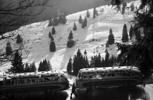 Feldberg: Parkplatz von der Kirche aus; mit Bussen; im Gegenlicht