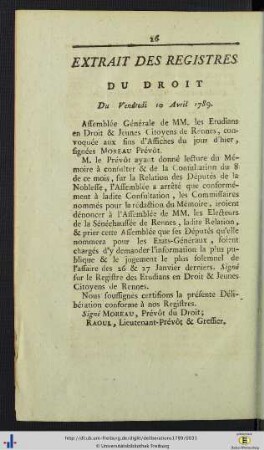 Extrait Des Registres Du Droit.