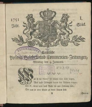 1. Stueck, Montag den 4. Januarii 1751