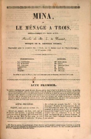 Mina, ou le ménage à trois : opera-comique en trois actes