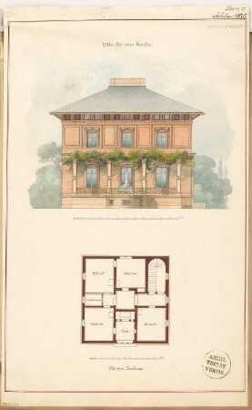 Villa Monatskonkurrenz Februar 1875: Grundriss Obergeschoss, Aufriss Gartenansicht; 2 Maßstabsleisten