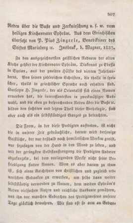 507-510 [Rezension] Zingerle, Pius, Reden über die Buße und Zerknischrung u.s.w. vom heiligen Kirchenvater Ephräm