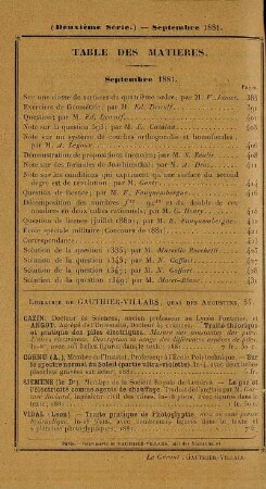 Table des matières. Septembre 1881.