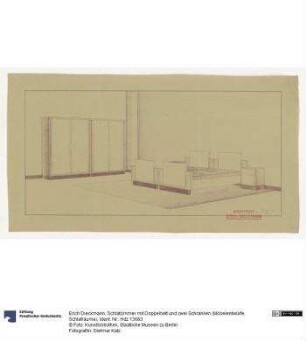 Schlafzimmer mit Doppelbett und zwei Schränken (Möbelentwürfe, Schlafräume), Lichtpause