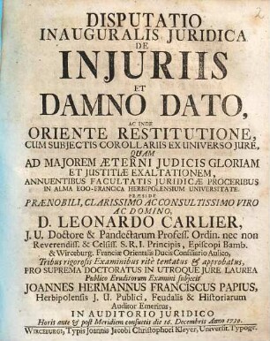 Disputatio Inauguralis Juridica De Injuriis Et Damno Dato, Ac Inde Oriente Restitutione : Cum Subjectis Corollariis Ex Universo Jure