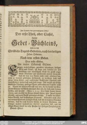 Der erste Theil, oder Claßis, dieses Gebet-Büchleins, Hält in sich Christliche Tugend-Gebetlein, nach den heiligen Zehen Geboten.