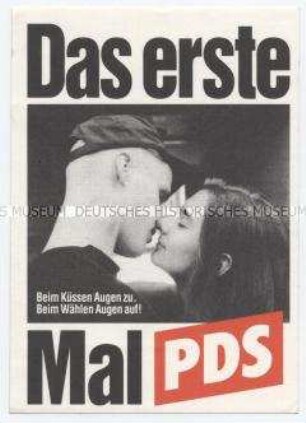 Aufkleber mit Wahlwerbung der PDS zur Bundestagswahl 1994 für Erstwähler