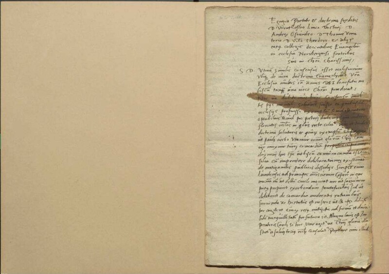 Von etlichen protestantischen Theologen am 10. März 1540 auf Verlangen in Schmalkalden gestelltes Bedenken, in welchen Stücken bei dem bevorstehenden Gespräch und Versuch einer Vereinigung in der Lehre der Augsburgischen Konfession nachzugeben sei. Unterschrieben haben dieses Bedenken von Sachsen Justus Jonas D., Johann Bugenhagen D., Caspar Kreuzinger D. und Philipp Melanchthon; von Hessen Antonius Corvinus, Johann Rimaus, Balthasar Caidus; von Herzog Heinrich von Sachsen Nikolaus Scheubel; von Magdeburg Nikolaus Amsdorf; von Nassau Erasmus Sartorius; von Straßburg Martin Bucerius; von Bremen Johann Amsterdamus. Württemberg, Anhalt, Hamburg, Braunschweig, Goslar, Ulm, Esslingen, Hall, Heilbronn und Memmingen haben ihre Bedenken schriftlich überschickt. Schreiben von den Nürnberger Theologen an Luther, Jonas, Bugenhagen und Melanchthon mit Versicherung der Übereinstimmung ihrer Lehren mit jener und ihrer Beharrung darauf nebst einem Schreiben von Luther u.a. mit Mitteilung ihrer Meinungen über das bevorstehende Gespräch.