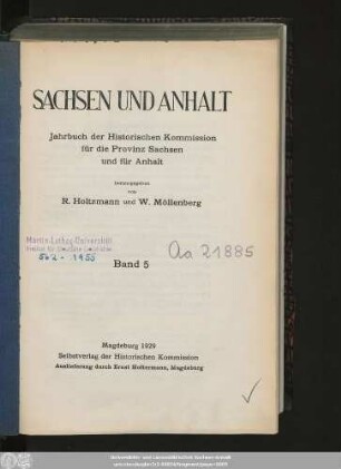 5.1929: Sachsen und Anhalt : Jahrbuch der Historischen Kommission für Sachsen-Anhalt
