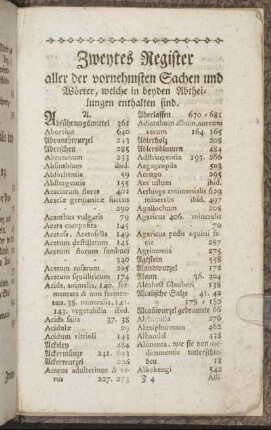 Zweytes Register aller der vornehmsten Sachen und Wörter, welche in beyden Abtheilungen enthalten sind.