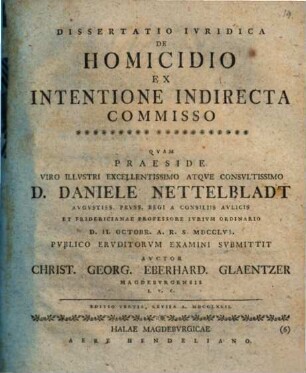 Dissertatio Ivridica De Homicidio Ex Intentione Indirecta Commisso