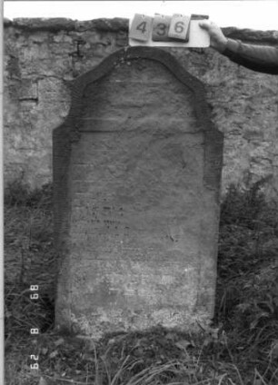 Grabstein 436 (Index: 100107961) Material: heller Sandstein Zustand: in den Lettern schwarze Farbreste, versalzen, verwittert, abgeblättert, weitgehender Textverlust Maße HxBxT: 134x75x11 cm Beschreibung: Stele, geschwungen eingezogener flacher Kleeblattbogen, Schriftfeld rechteckig eingetieft Symbolik: aufgeschlagenes Gebetsbuch??: Grabstein 436