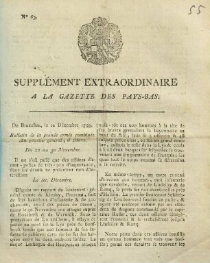 Gazette des Pays-Bas. Supplément extraordinaire à la Gazette des Pays-Bas. 1793, Nr. 63 (12. Dezember)