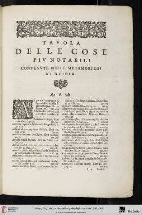 Tavola delle cose piv notabili contenute nelle metamorfosi di Ovidio