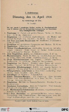 Dienstag, vormittags 10 Uhr und nachmittags 4 Uhr (Nr. 1-434)