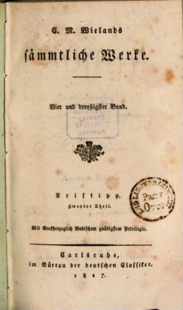 C. M. Wielands sämmtliche Werke. 34. - Aristipp ; Theil 2. - 1817. - 304 S.
