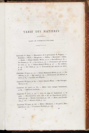 Table des matières contenues dans le premier volume