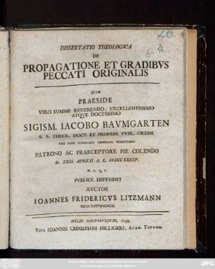 Dissertatio Theologica De Propagatione Et Gradibvs Peccati Originalis