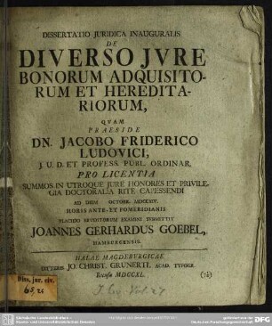 Dissertatio Iuridica Inauguralis De Diverso Iure Bonorum Adquisitorum Et Hereditariorum