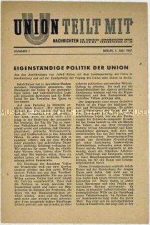 Mitteilungsblatt der CDU der Sowjetischen Besatzungszone zu den Grundpositionen der Partei