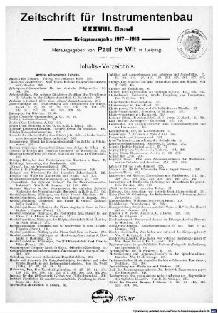 Zeitschrift für Instrumentenbau. 38. 1917/18