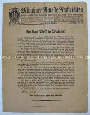 Tageszeitung "Münchner Neueste Nachrichten" mit dem Aufruf des revolutionären Zentralrates an das bayrische Volk zur Schaffung der Räterepublik