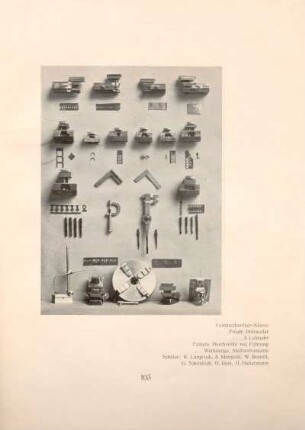 Feinmechaniker-Klasse Friedr. Hohweiler, 3. Lehrjahr, Feinere Durchstöße mit Führung, Werkzeuge, Meßinstrumente, Schüler: W. Langrock, A. Mangold, W. Brandt, G. Schobloch, H. Rein, H. Habermann