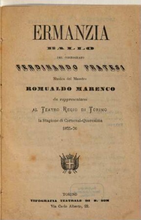 Ermanzia : ballo ; da rappresentarsi al Teatro Regio di Torino la stagione di carneval-quaresima 1875 - 76