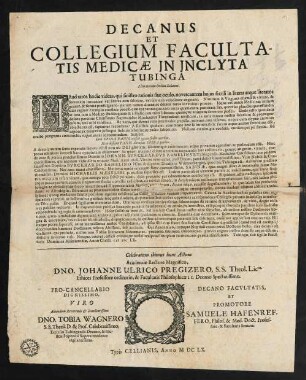 Decanus et Collegium Facultatis Medicae in Inclyta Tubinga Literatorum Ordini Salutem!