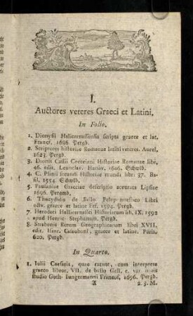 1-12, I. Auctores veteres Graeci et Latini. - IV. Historia litteraria.