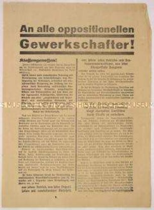 Programmatischer Solidaritätsaufruf der Revolutionären Gewerkschaftsopposition der Wasserkante an die Arbeiter und Einladung zum Reichskongress nach Berlin