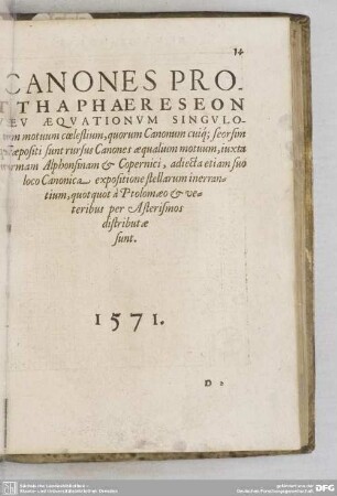 CANONES PROTHAPHAERESEON SEU AEQUATIONUM SINGULORUM