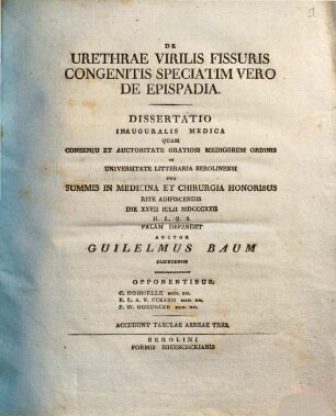 De urethrae virilis fissuris congenitis, speciatim vero de epispadia : Diss. inaug. med. ; cum tab. aen. III.